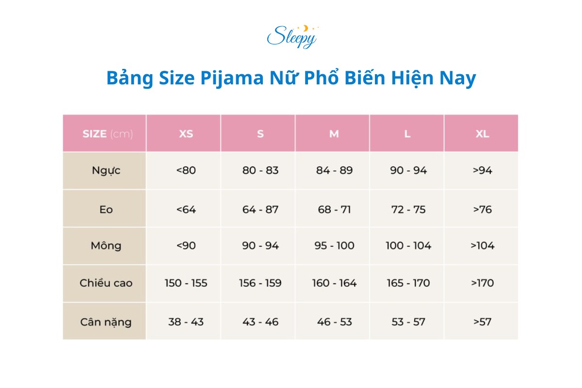 Bảng size Pijama nữ phổ biến hiện nay